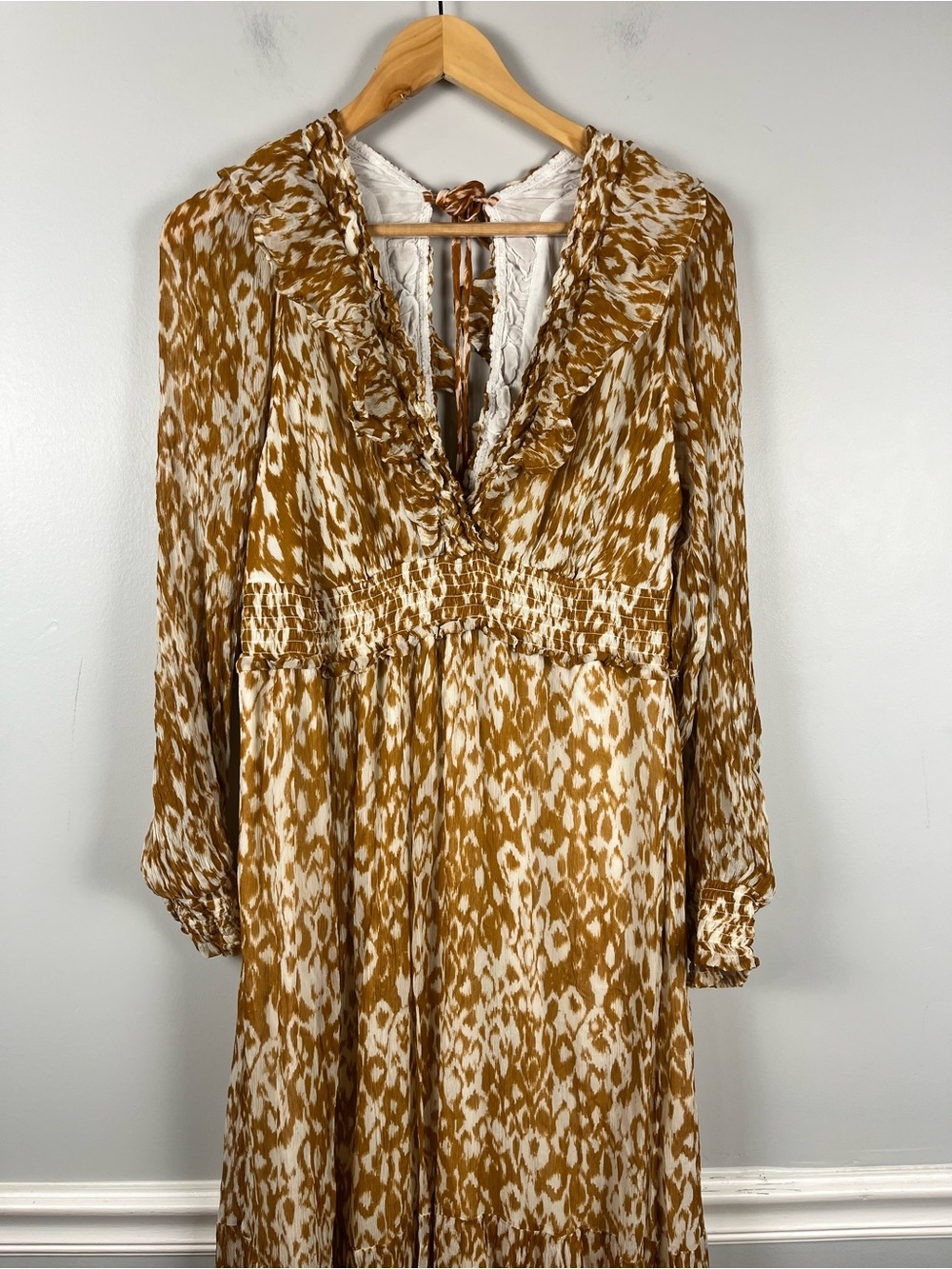 Anthropologie The Odetta Ruffled V-Neck maxi Dress size XL honey color - Picture 4 of 11